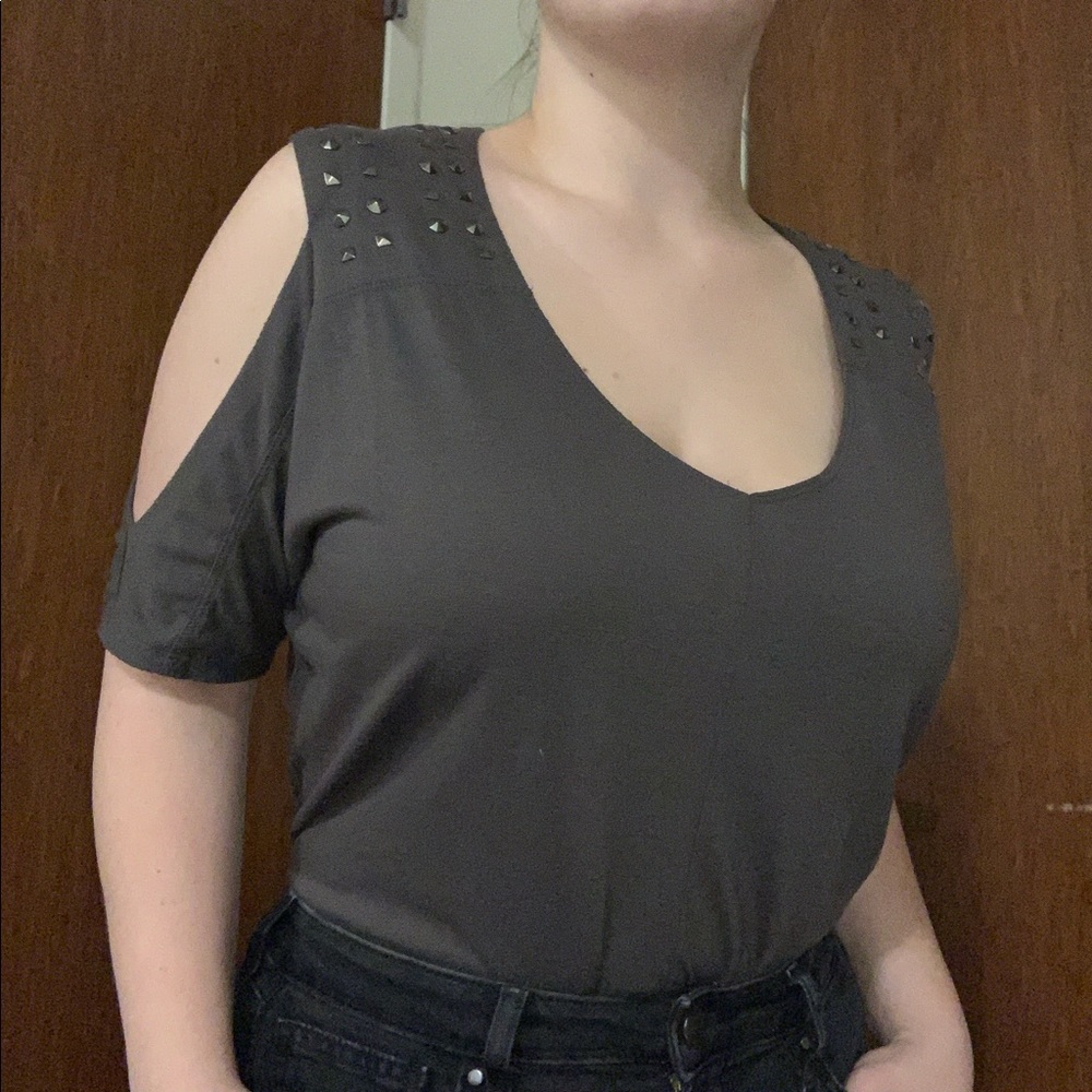 Dark grey bejeweled cut out top